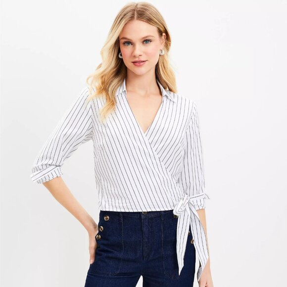 LOFT Tops - Ann Taylor Loft Striped Cotton Blend Side Wrap Blouse | NWT | XS | White Black